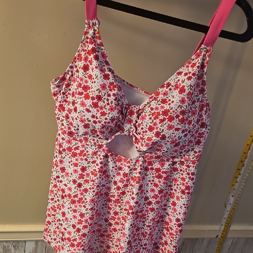 Red and Pink Cut Out Tie Front Bikini Tank Top